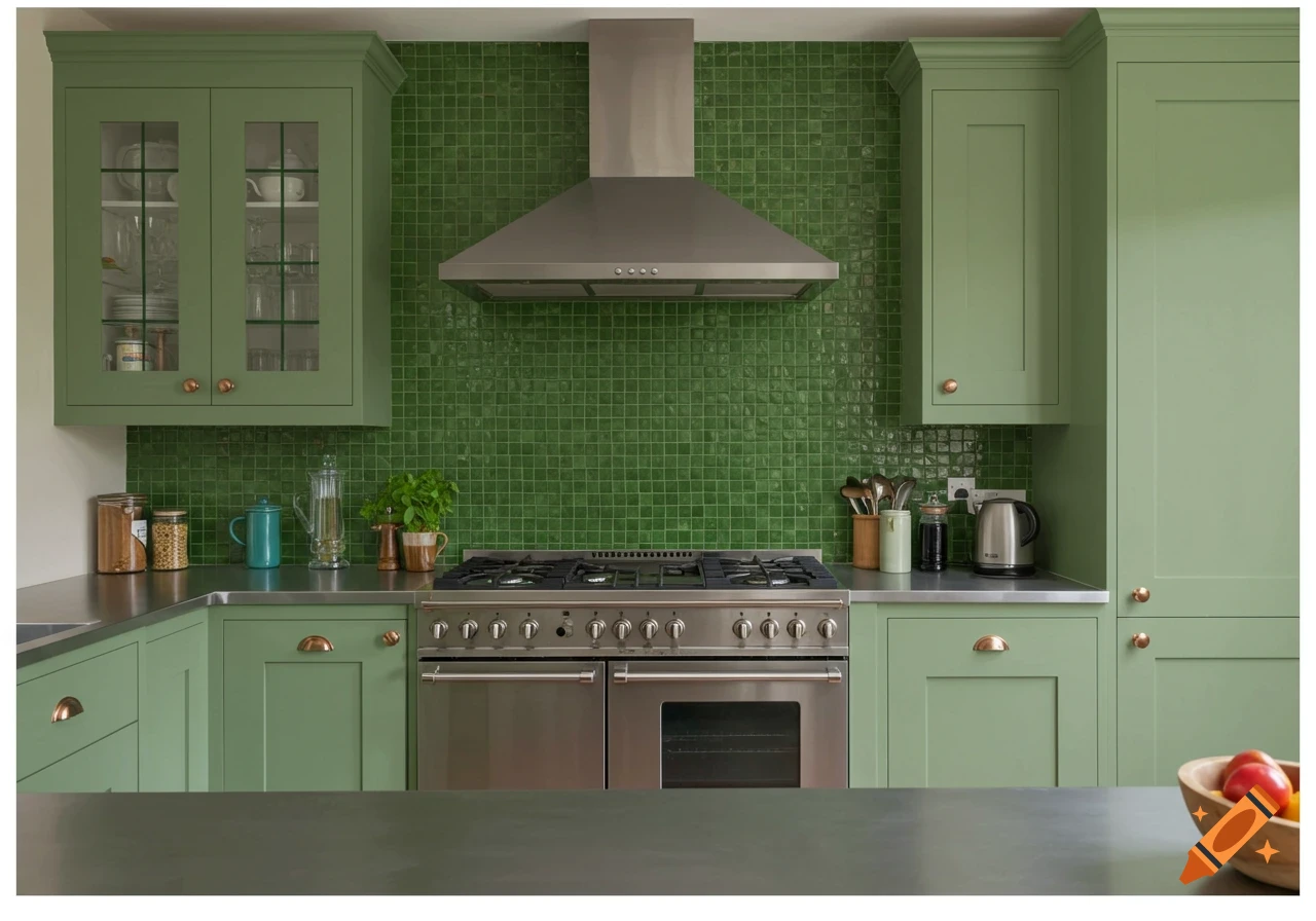A modern kitchen features sage green cabinets, a stainless steel countertop, and a backsplash of dark green mosaic tiles above a large range oven.