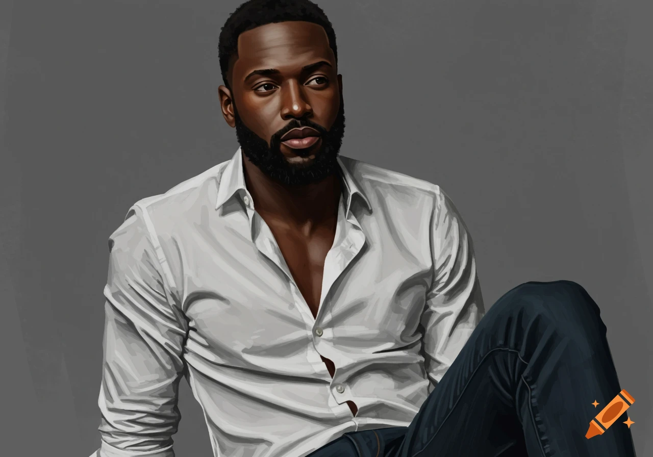 A realistic illustration of a Black man with a beard wearing a white shirt, looking to the right.