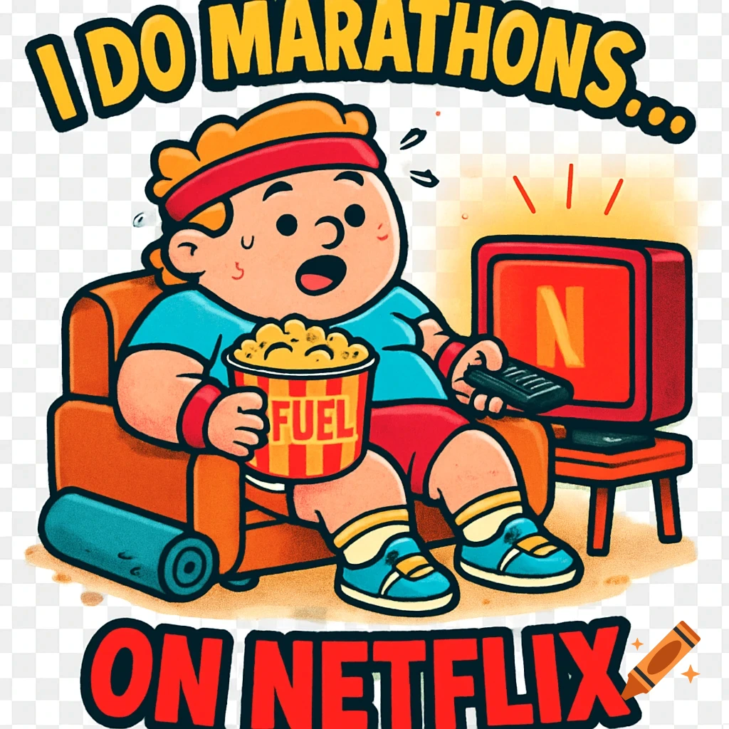 A funny cartoon illustration of a chubby person lounging on a couch, eating popcorn from a 'Fuel' bucket, holding a TV remote. Text says 'I DO MARATHONS... ON NETFLIX'.