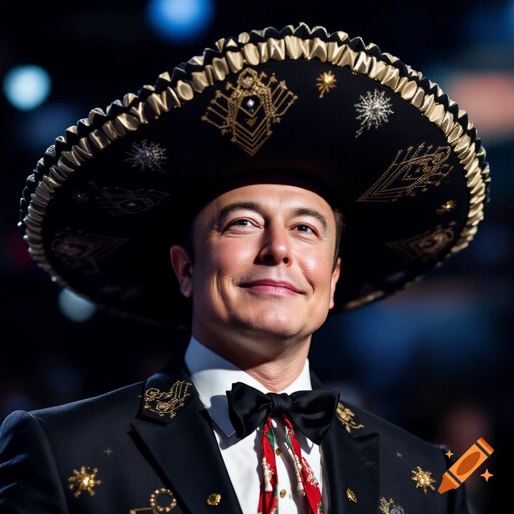 Photorealistic close-up of Elon Musk smiling, wearing a black ornate sombrero and a traditional charro suit with a bow tie.