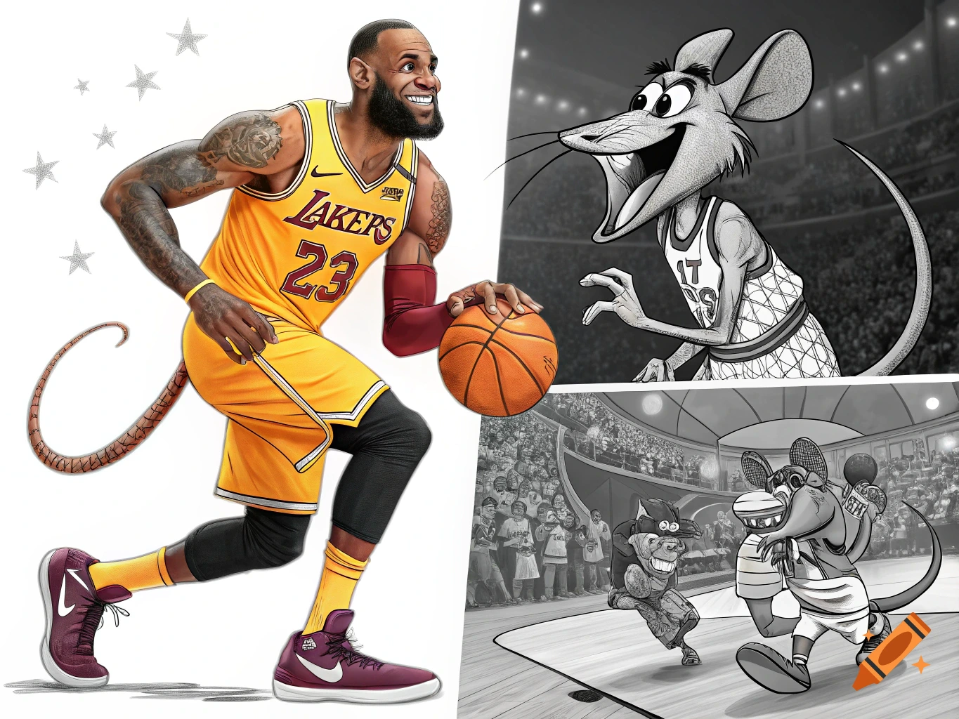 A colorful caricature of LeBron James with a rat tail dribbling a basketball in a Lakers uniform, collaged with black and white cartoon rats playing basketball.