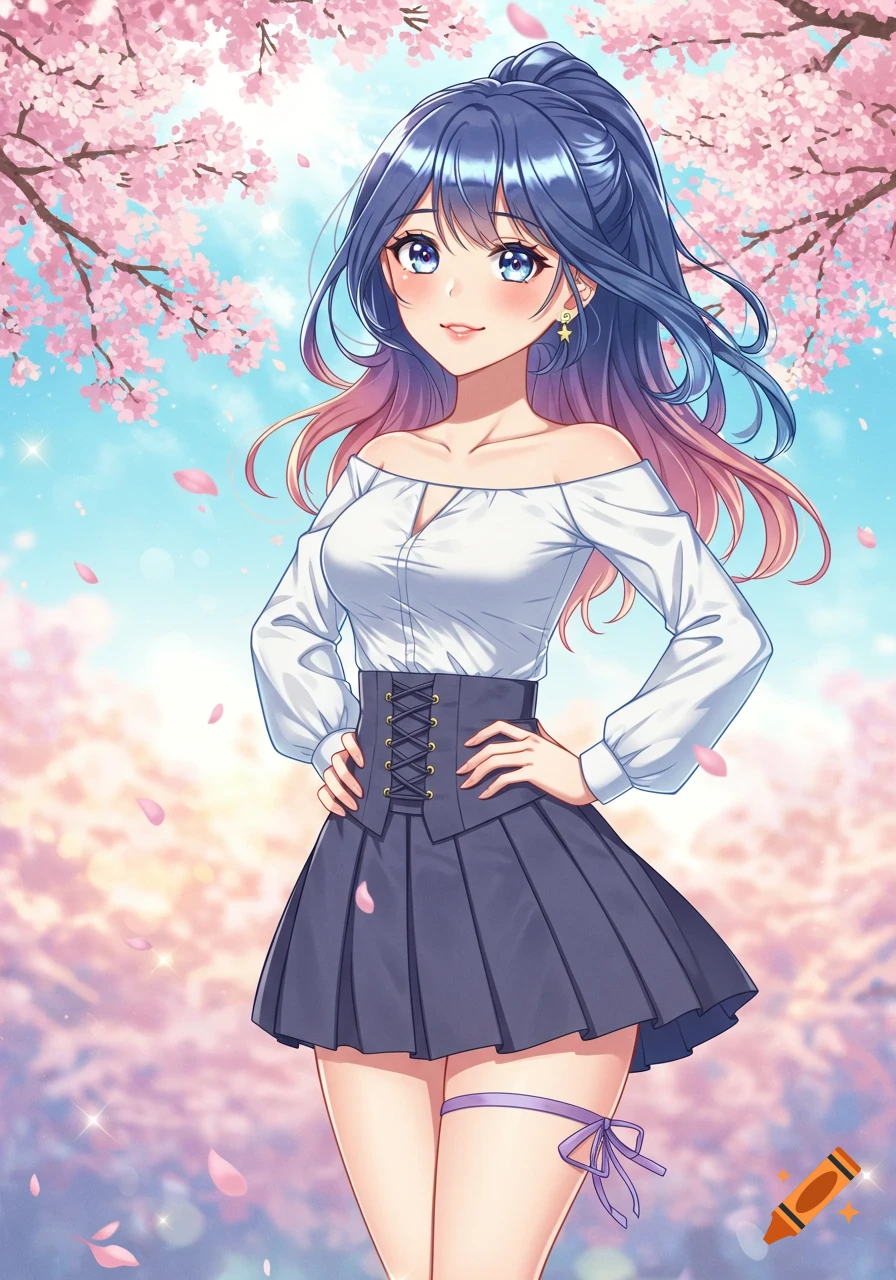An anime girl with blue and pink hair, wearing an off-shoulder blouse and a pleated skirt, stands smiling under cherry blossoms.