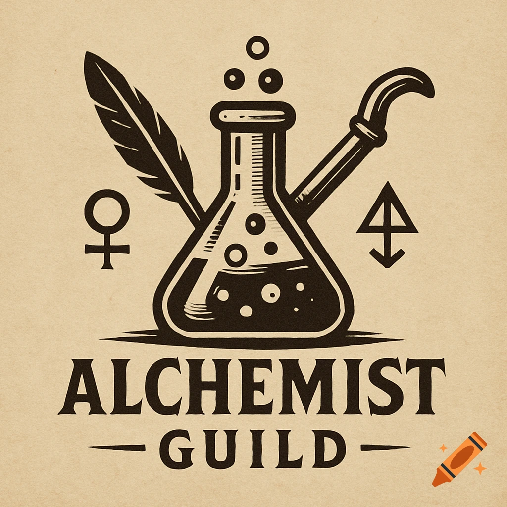 A vintage-style logo featuring a bubbling chemical flask, a quill, and alchemical symbols, with the text 'ALCHEMIST GUILD' below.