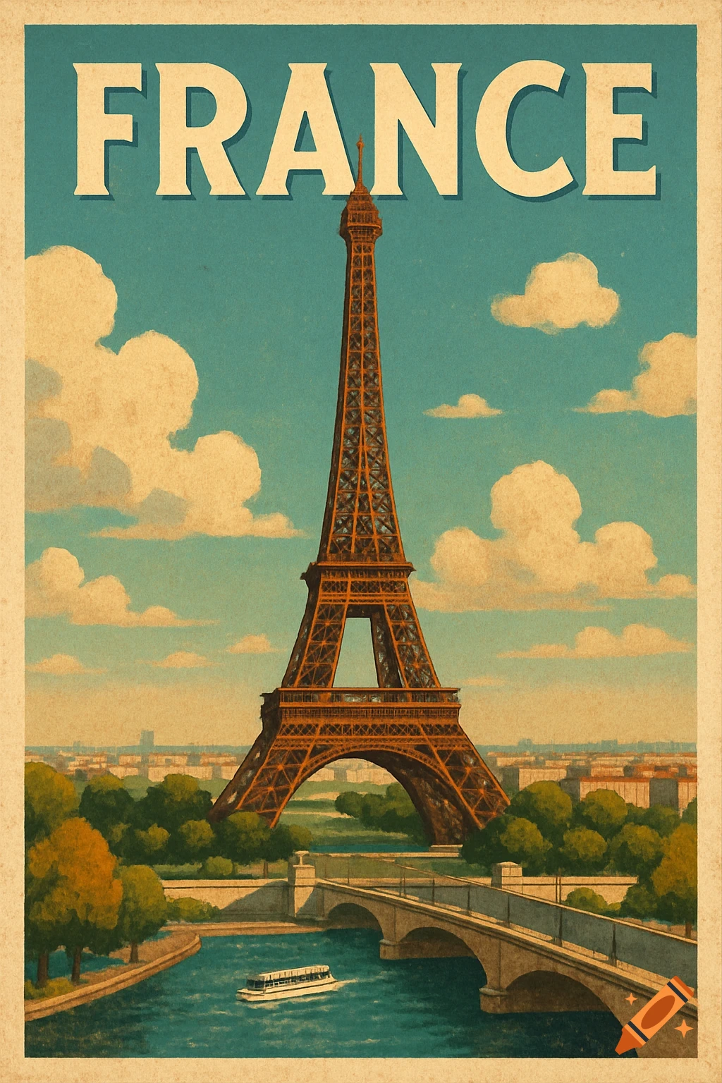 Retro travel poster of the Eiffel Tower in Paris, with a boat on the river and a bridge, under a blue sky with clouds.