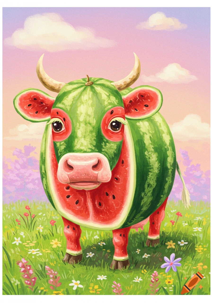 A whimsical illustration of a cow made from a watermelon, standing in a field of green grass and wildflowers under a pastel sky.