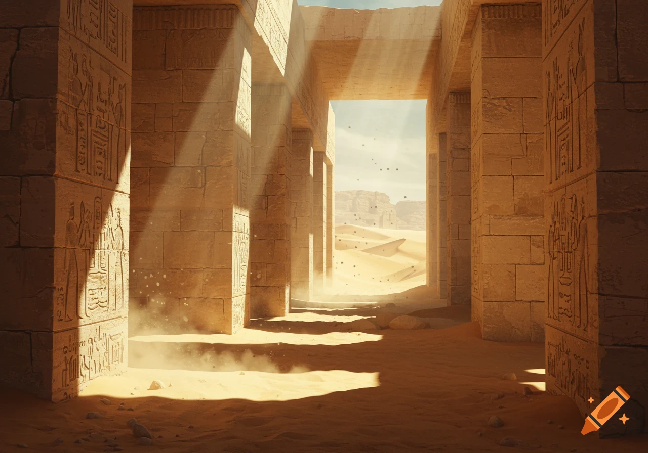 Sunlight streams through ancient stone corridors adorned with hieroglyphics, leading into a vast, dusty desert with sand dunes and mountains.
