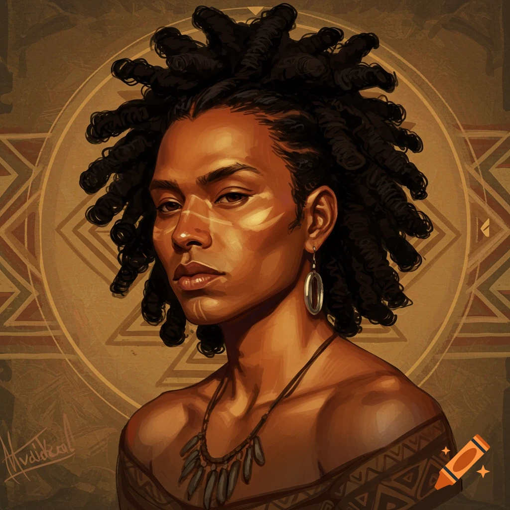 Digital painting of a person with dreadlocks, face paint, and tribal jewelry against a patterned background.