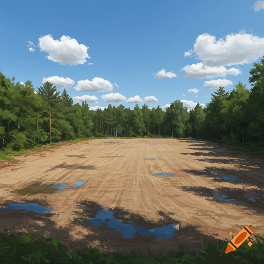 A large, cleared dirt field with puddles and tire tracks, surrounded by dense green forest under a bright blue sky with white clouds.