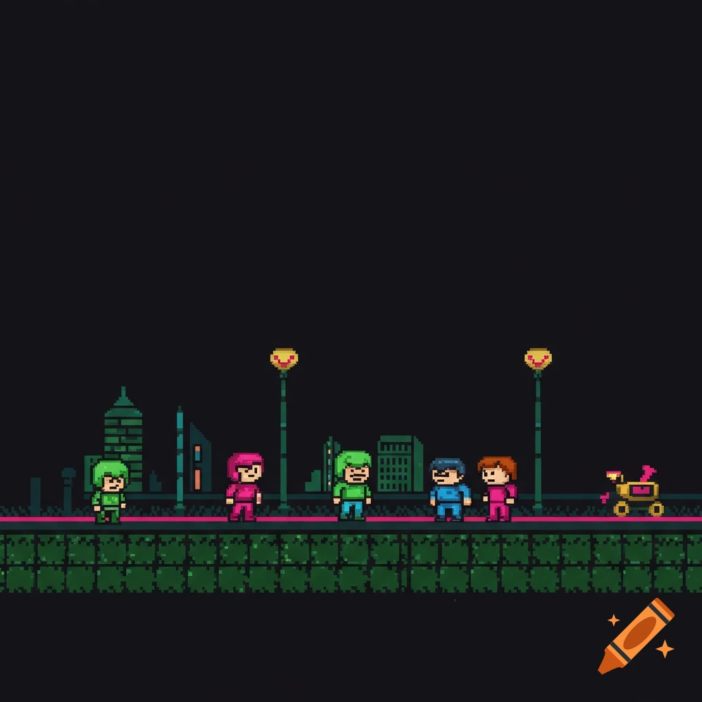 Pixel art scene featuring five characters and a robot on a platform with city buildings and streetlights in the background at night.