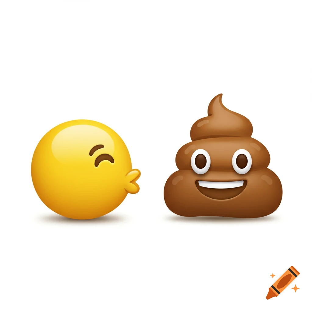 A yellow kissing face emoji facing a smiling brown poop emoji, in Apple's style.