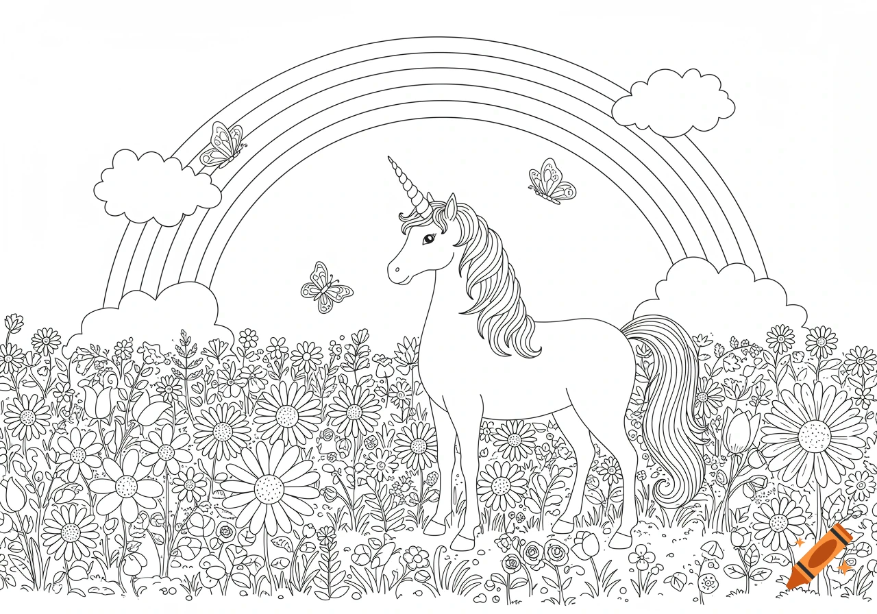 Line art of a unicorn standing in a field of flowers under a rainbow with butterflies.