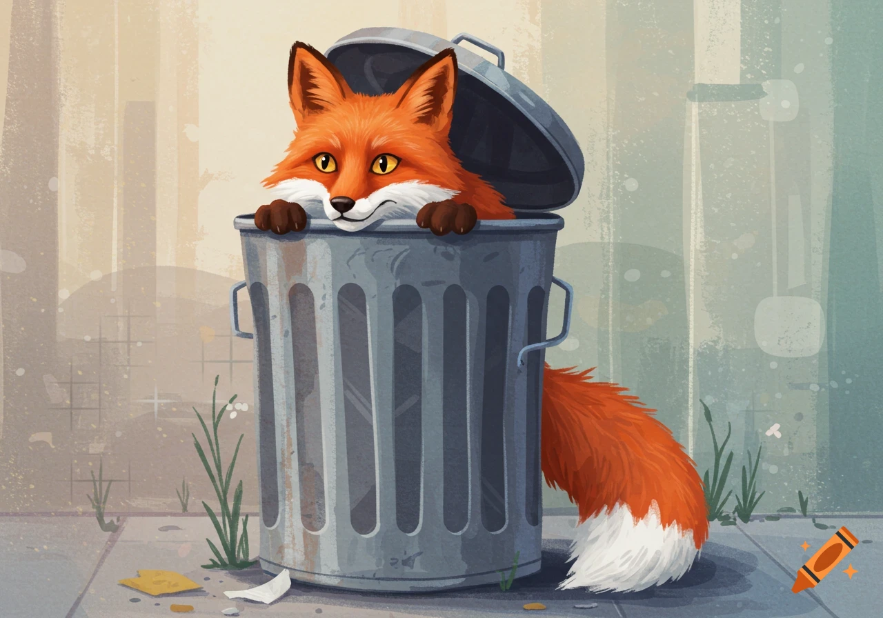 A cute orange fox peeking out from the top of a grey metal trash can on a sidewalk in a cartoon illustration.