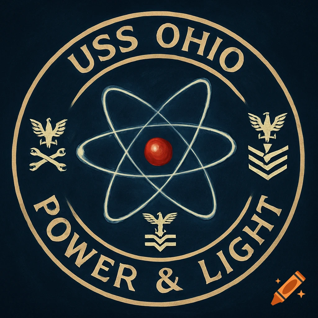 Dark blue circular emblem with gold text 'USS OHIO Power & Light' around a red atom and navy rating symbols.