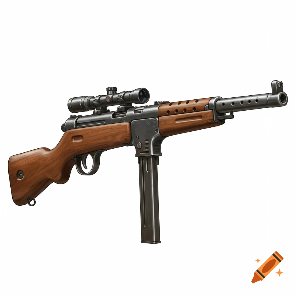 A realistic illustration of a scoped Soviet PPSH41 machine gun on a white background.