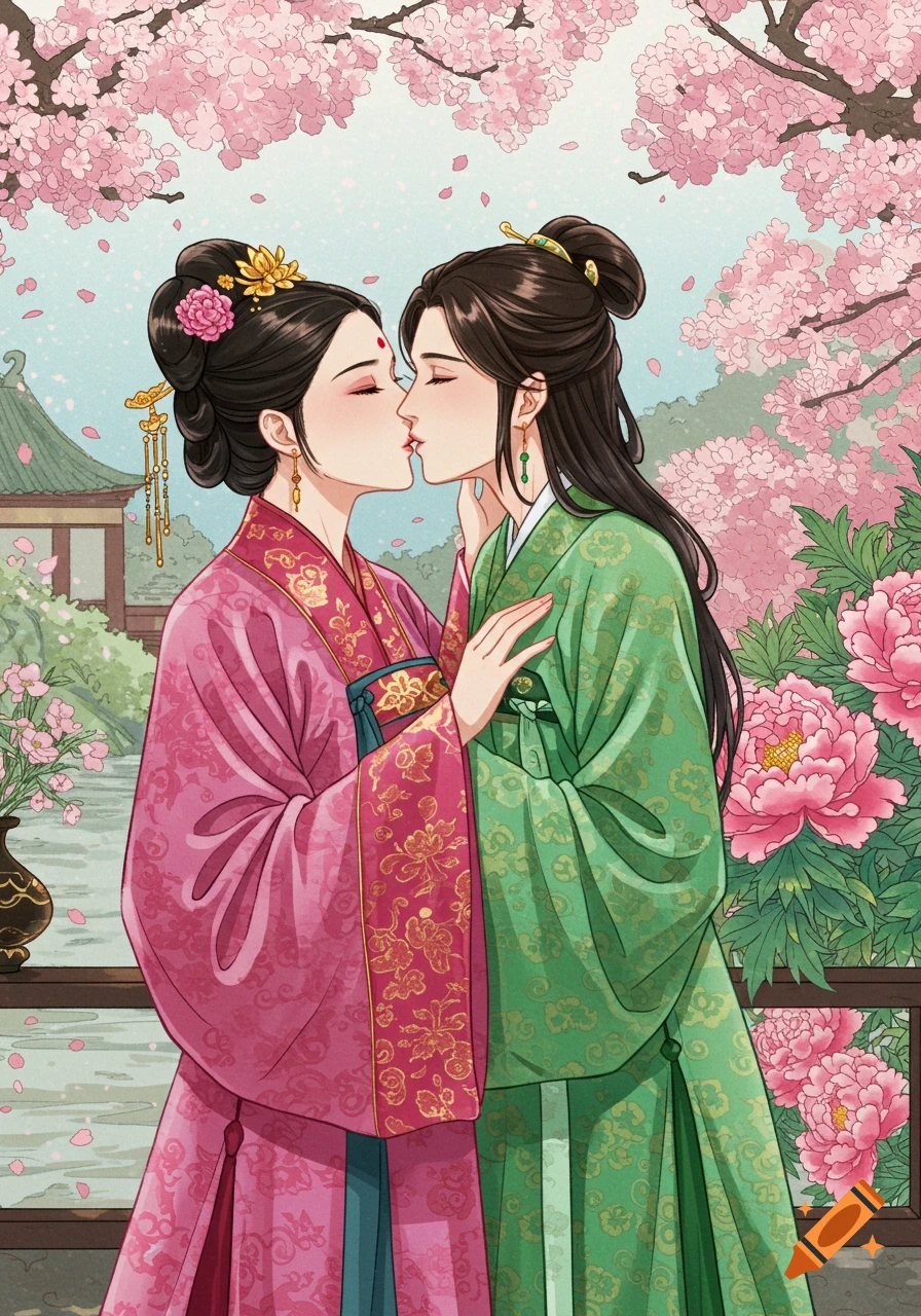Illustration of two women in traditional Chinese attire, a pink-clad consort and a green-clad lady-in-waiting, kissing under cherry blossoms.