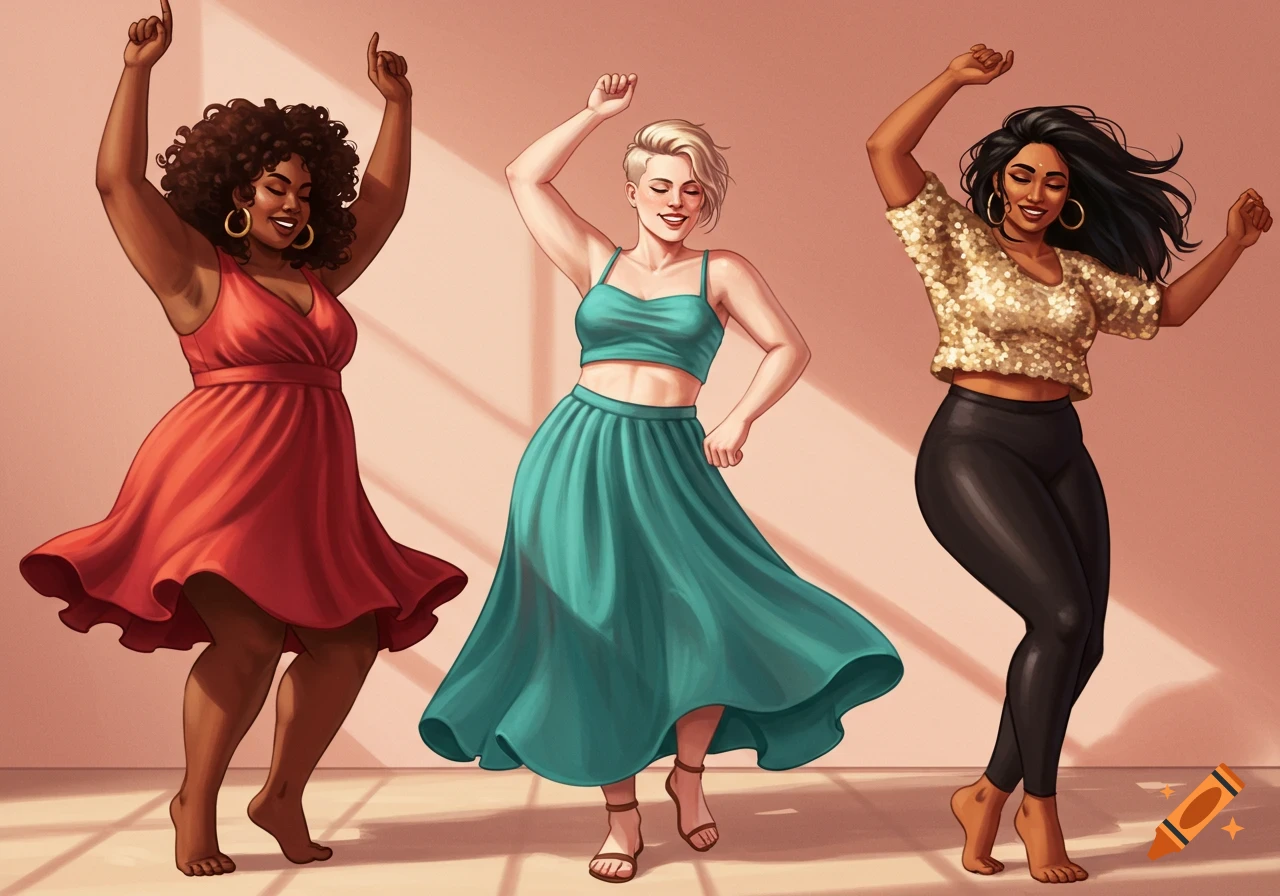 Three diverse women in an illustrated style, joyfully dancing in colorful outfits.