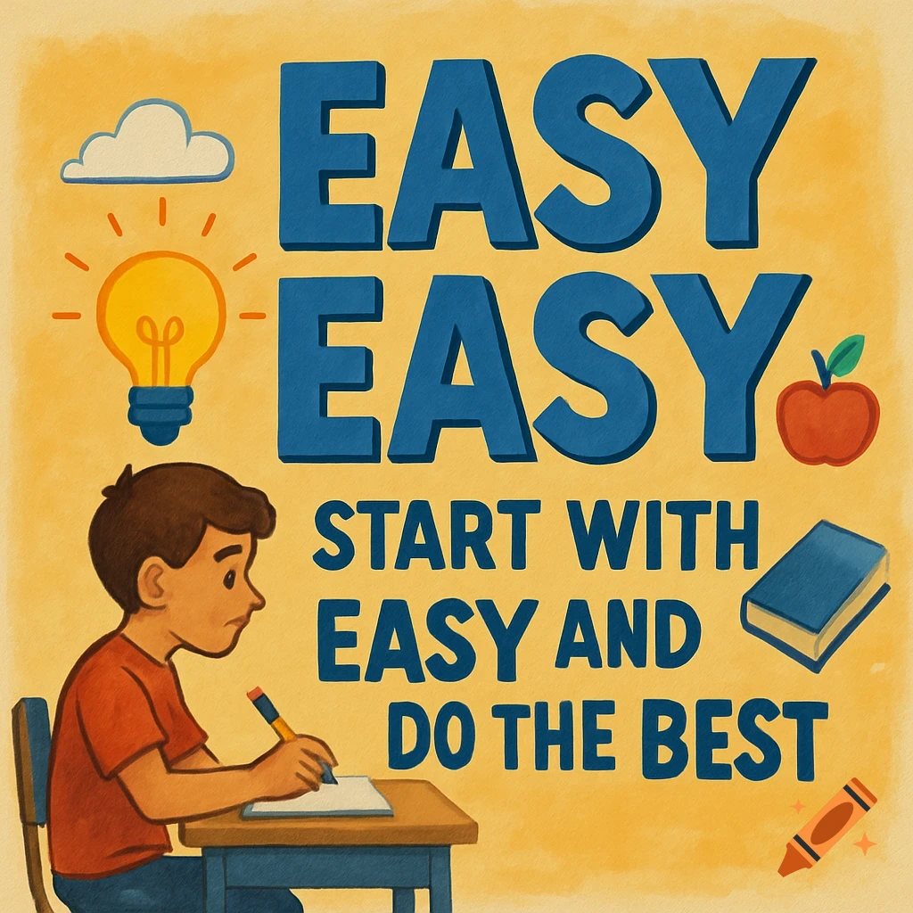 Cartoon illustration of a boy studying at a desk, with an inspirational wall mural featuring text 'EASY EASY START WITH EASY AND DO THE BEST', a lightbulb, apple, and book.
