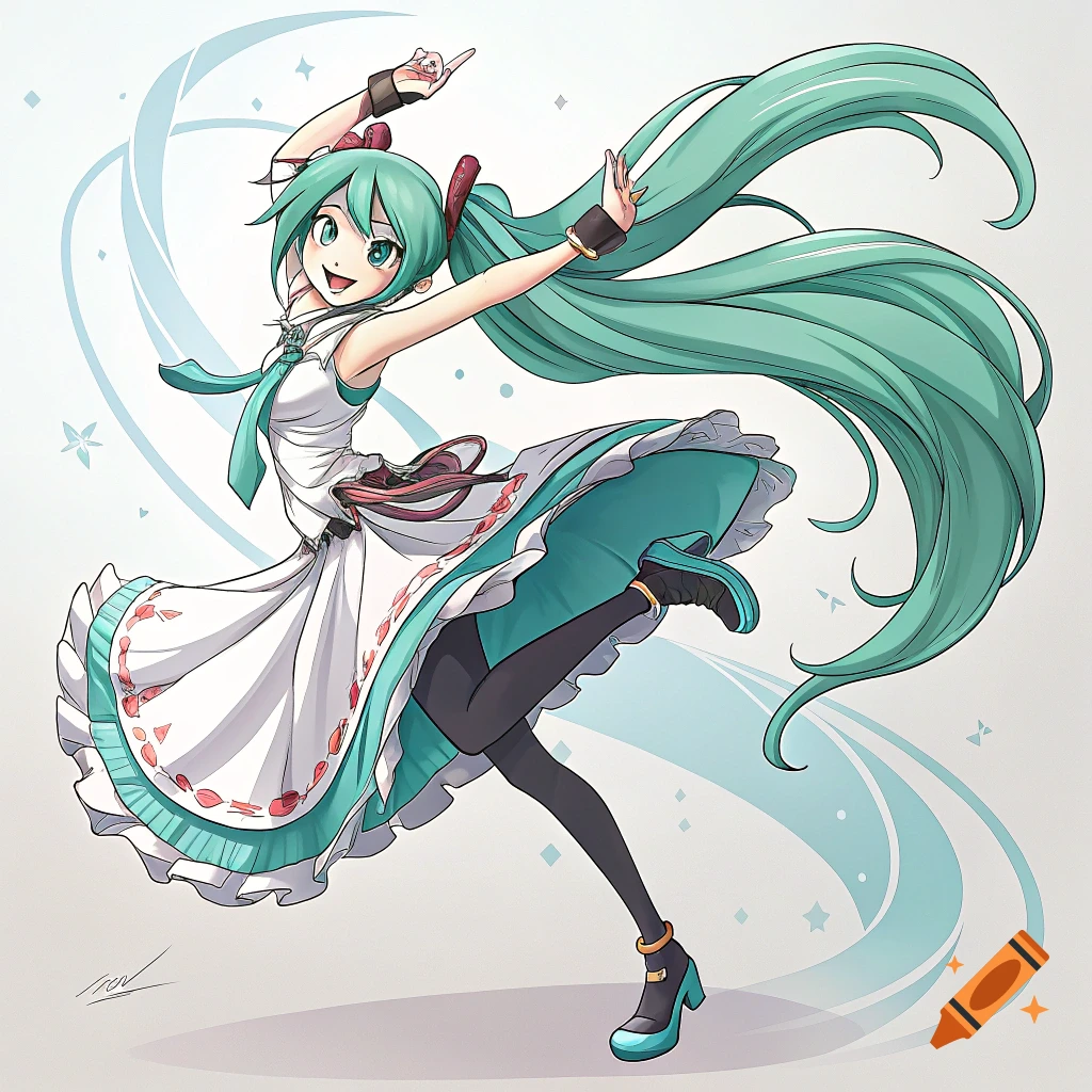 Anime illustration of Hatsune Miku in a dynamic pose, her long teal pigtails and white skirt flowing.