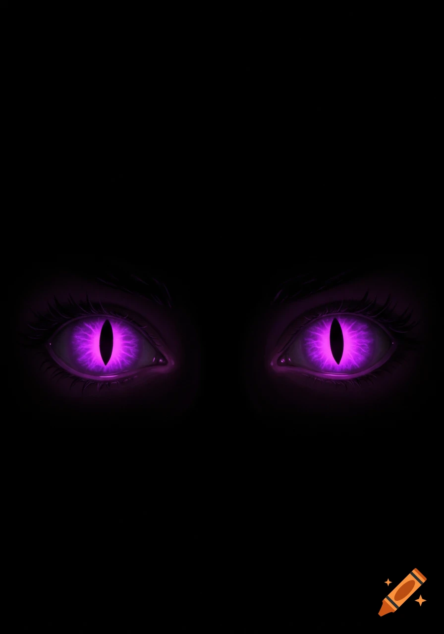 Two glowing purple eyes with slit pupils peer out from complete darkness.