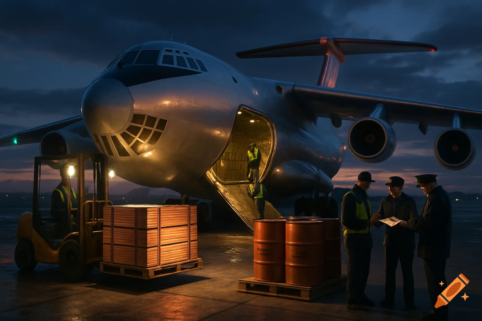 A large cargo plane is loaded with pallets and barrels by ground crew and forklifts at an airport at dusk, photorealistic.