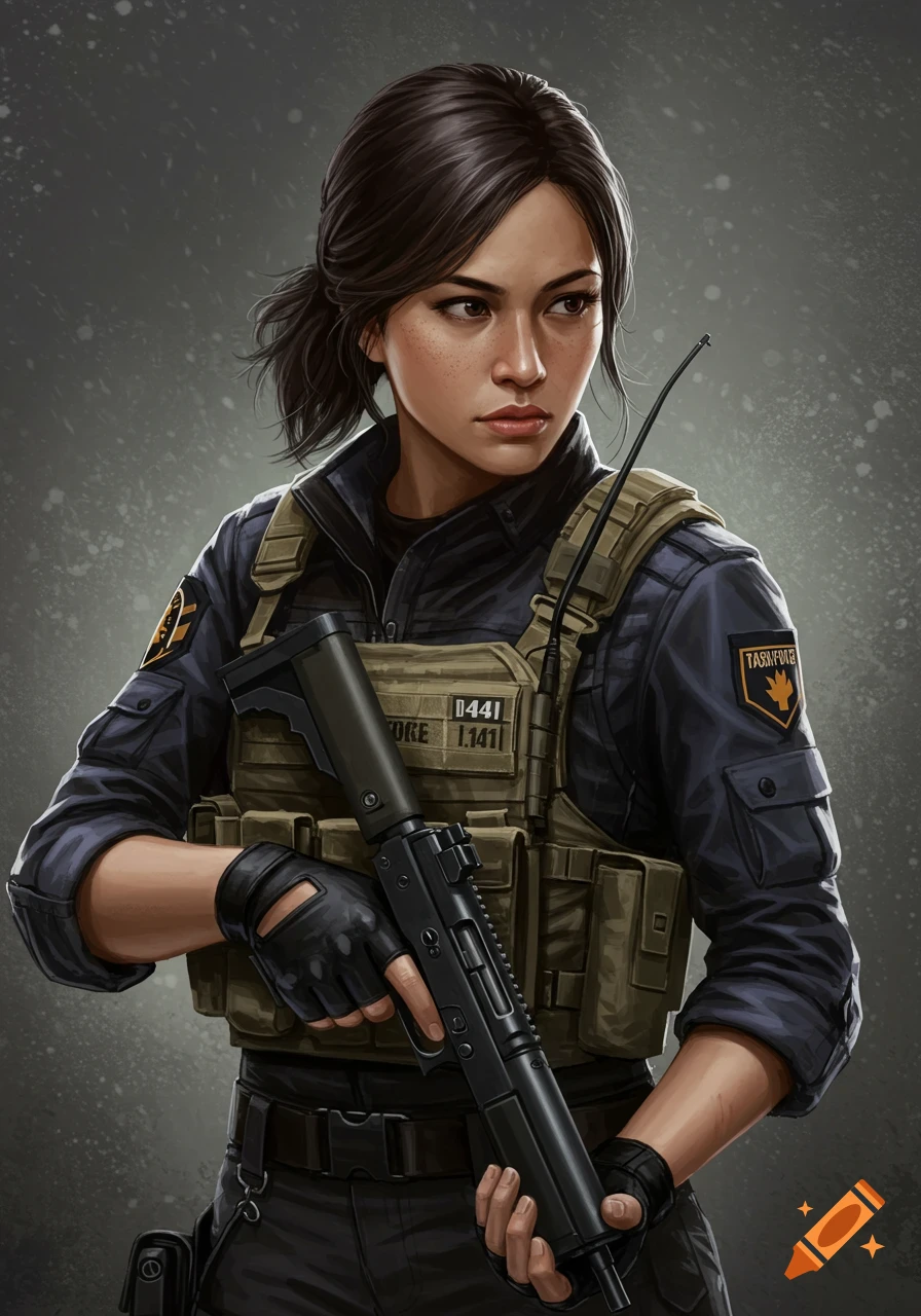 A photorealistic portrait of a young Filipino woman in a black military uniform and tactical vest, holding a gun.
