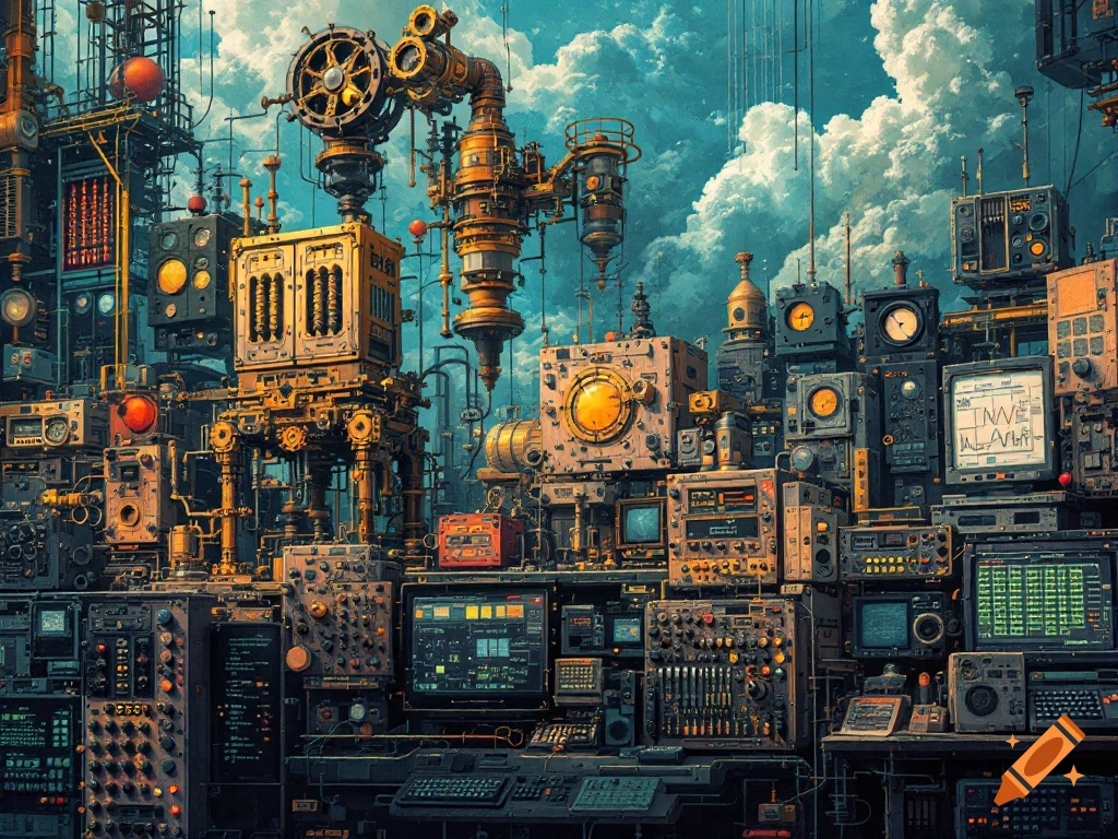 Intricate, detailed steampunk machinery and computing devices against a cloudy sky, with many pipes, gears, dials, and screens.