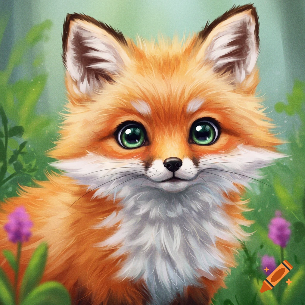 A cute, cartoon-style digital painting of an orange and white fox with large green eyes, peeking through green foliage and purple flowers.