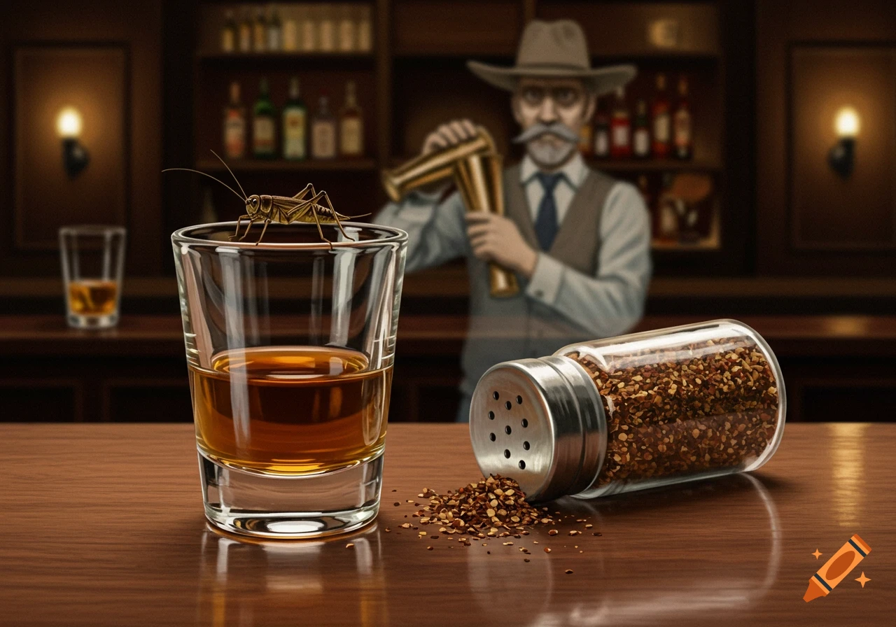A close-up of a western bar counter with a shot glass of whiskey topped by a cricket, next to a spilled shaker of pepper flakes. A blurry, ghostly bartender shakes a drink in the background.