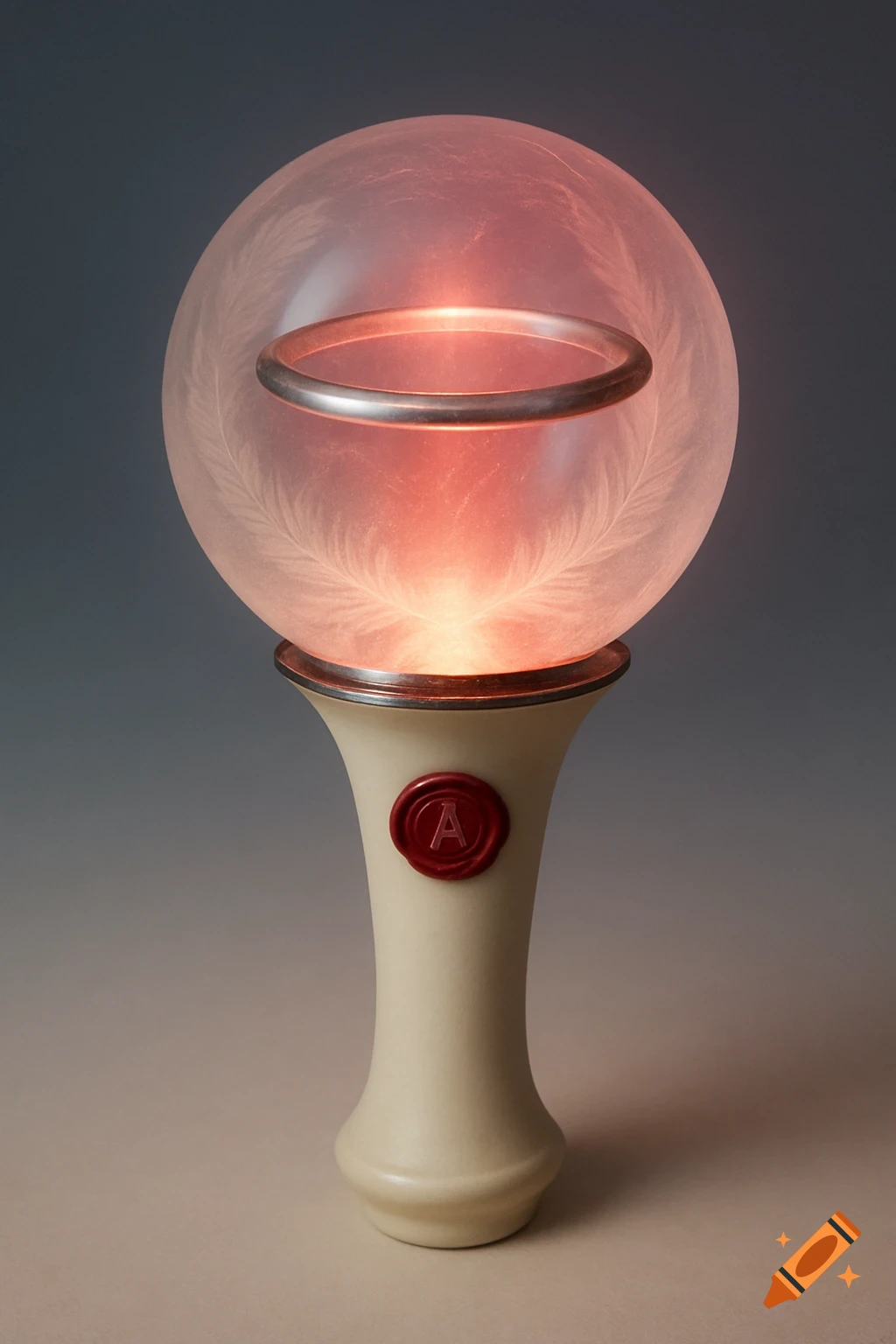 A soft-gothic K-pop light stick with a glowing red frosted glass orb, feather etchings, a silver halo, and an ivory handle with a red 'A' wax seal.