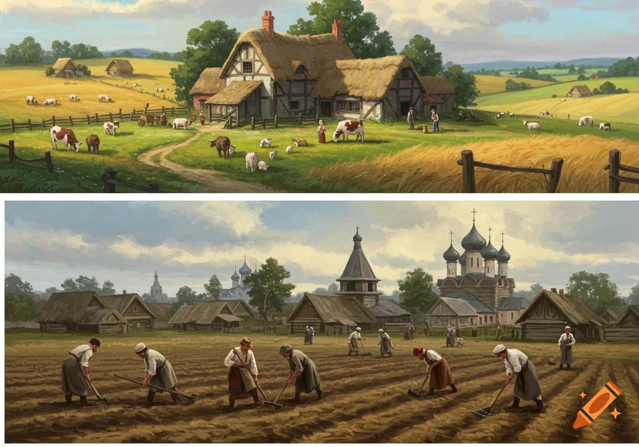 Two painted rural scenes: a manor farm with livestock in a field, and villagers working in a field with a village and churches in the background.