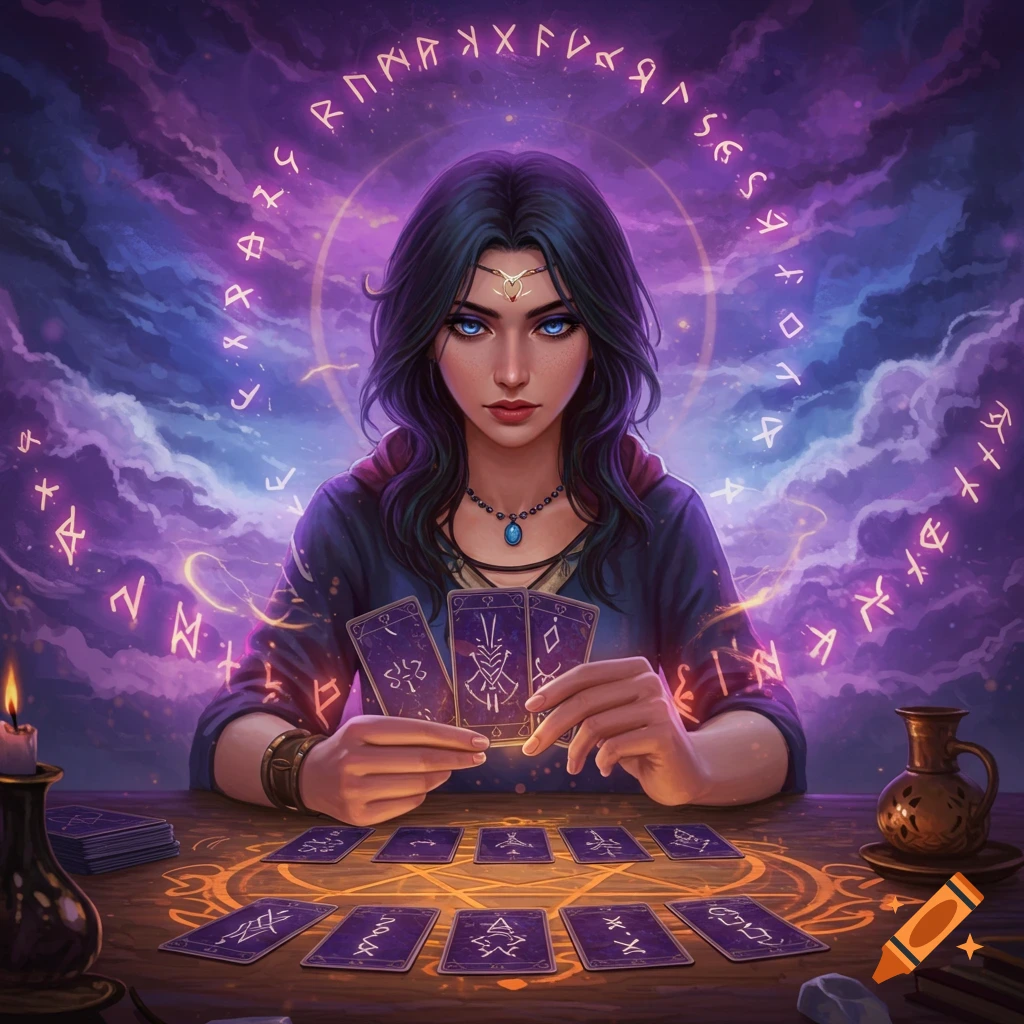 A mystic woman with blue eyes performs a card reading, surrounded by glowing purple runes in a magical, cloudy sky.