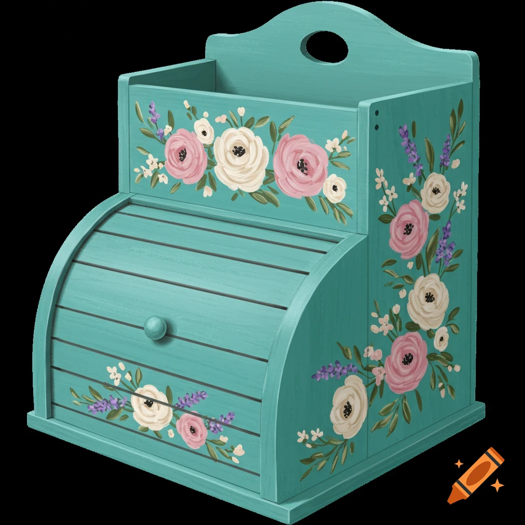 A turquoise two-level wood bread box featuring decorative floral paintings in pink, white, and purple.