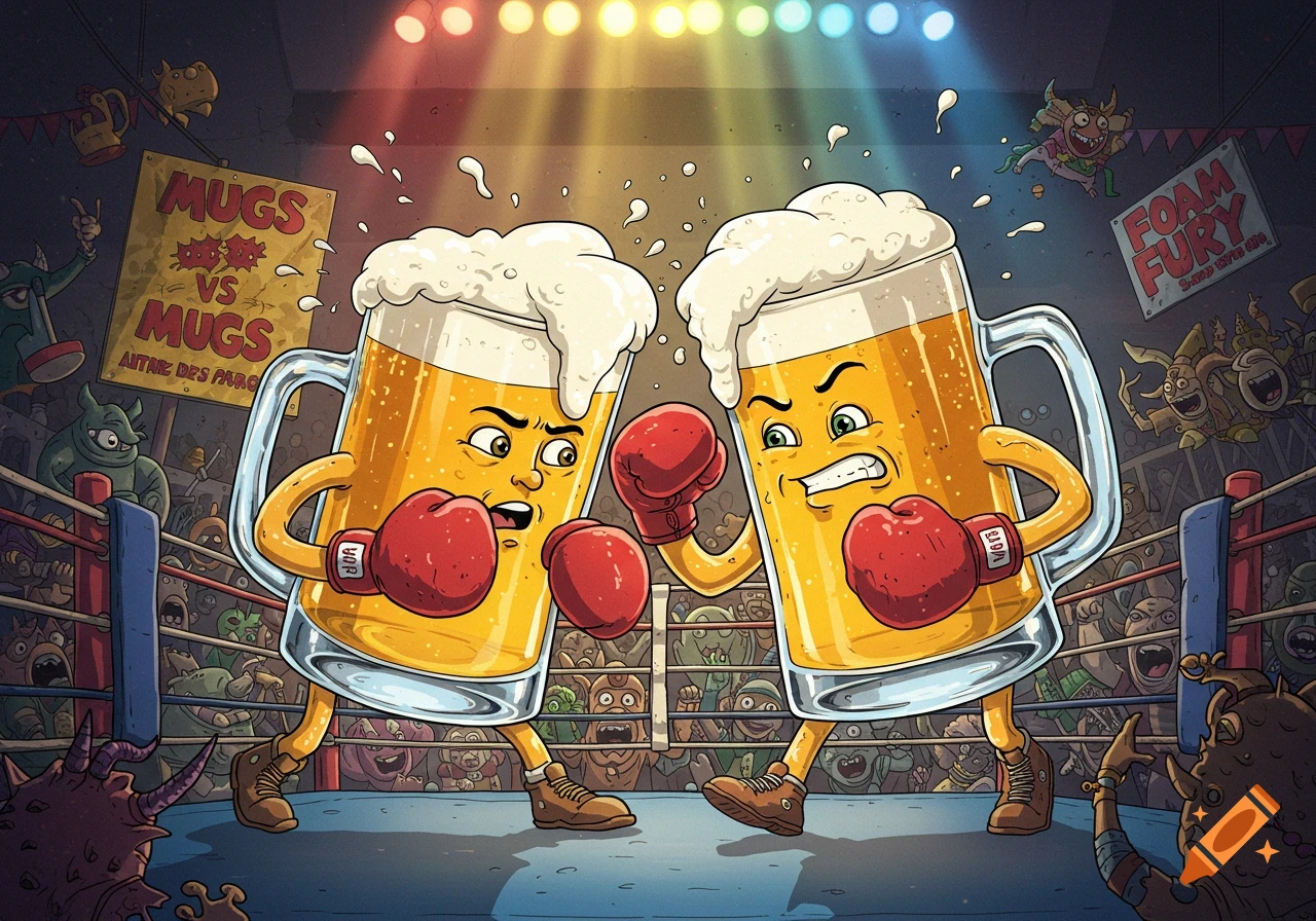 Two cartoon beer mugs with arms and legs, wearing boxing gloves, are boxing in a ring while a crowd of stylized monsters watches.