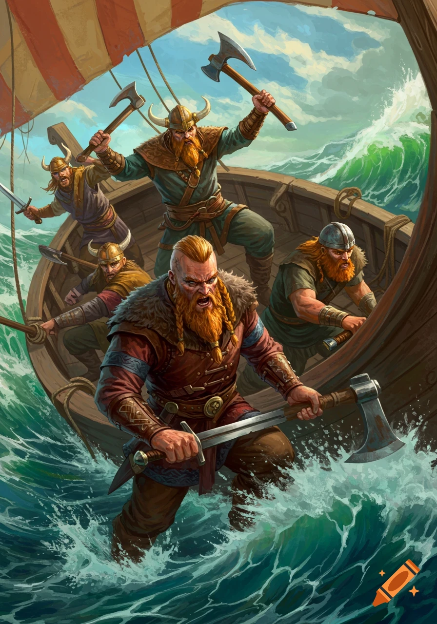 An illustration of five angry Vikings on a longboat in a stormy sea, wielding axes and swords.