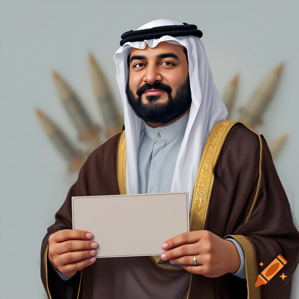 A Middle Eastern man in a white ghutra and brown bisht holds a blank sign, with blurred missiles in the background.