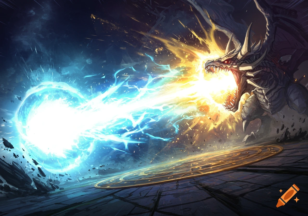 A powerful dragon, resembling Bahamut, unleashes a massive blue and white energy blast across a dark, fantastical landscape with glowing ground patterns.