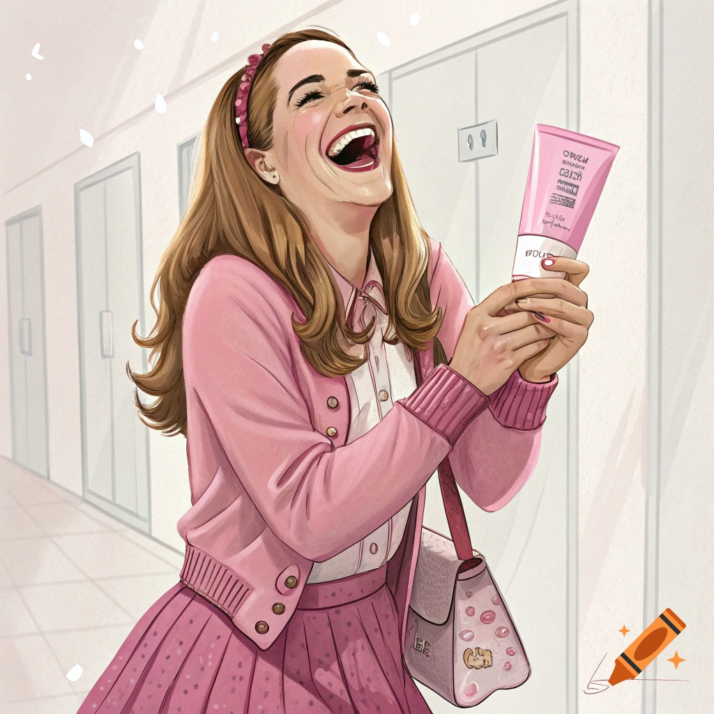 An illustration of a young woman in pink, laughing joyfully while holding a pink tube of cream.