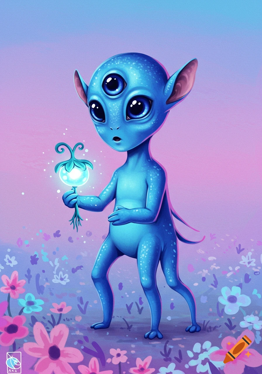 A cute blue three-eyed alien with four legs holds a glowing magical flower in a field of colorful pastel flowers, vibrant illustration.