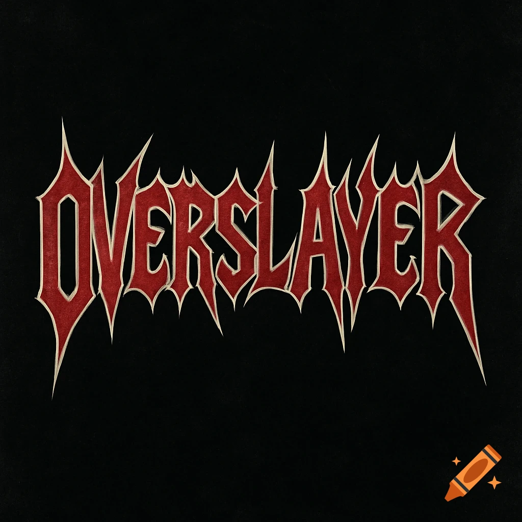 The word OVERSLAYER written in a red, jagged heavy metal style font with a white outline on a black background.