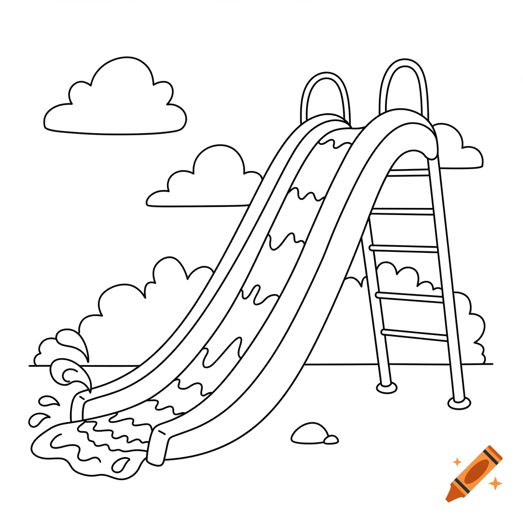 Black and white line drawing of a water slide with water splashes, designed as a children's coloring page.