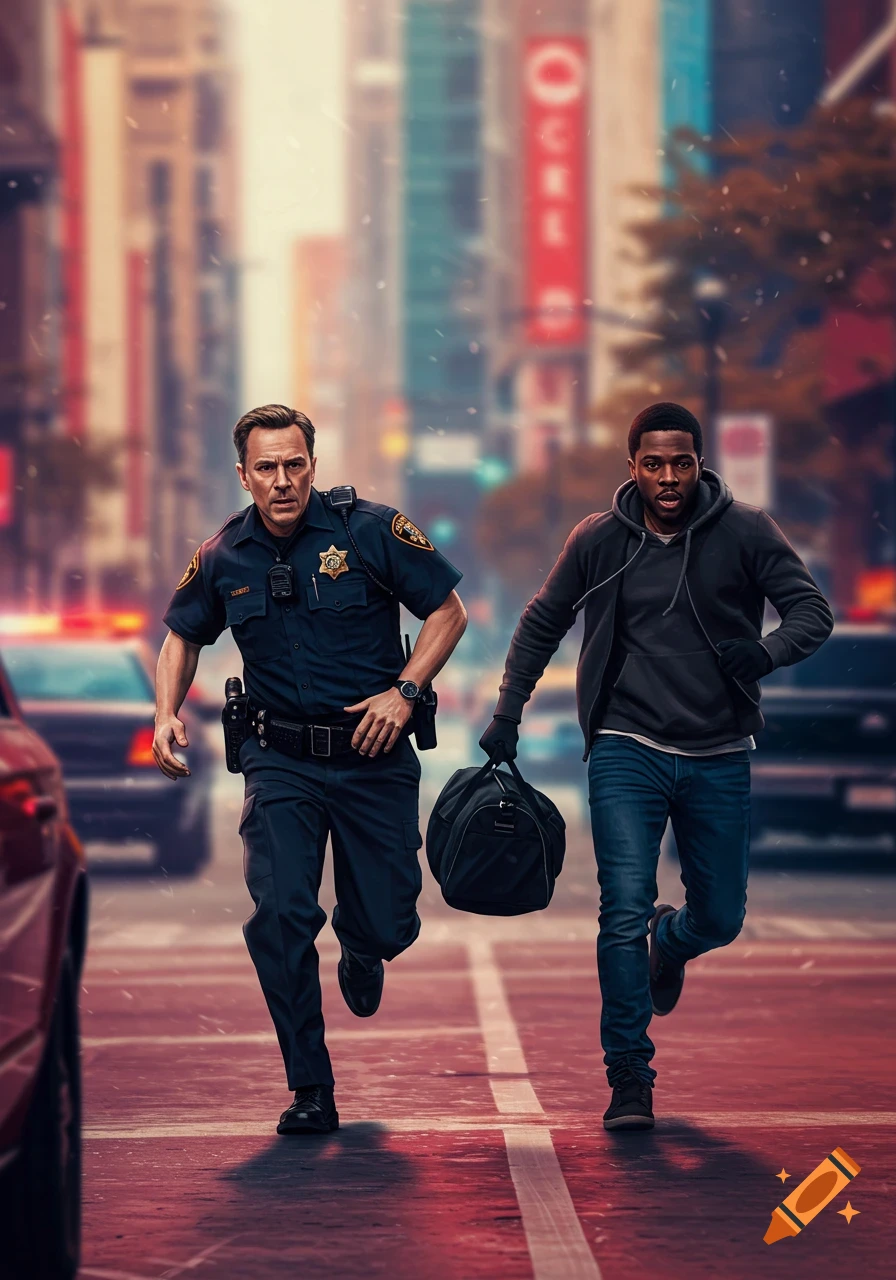 A police officer and another man run on a city street, appearing to be in a chase, with blurry buildings in the background.