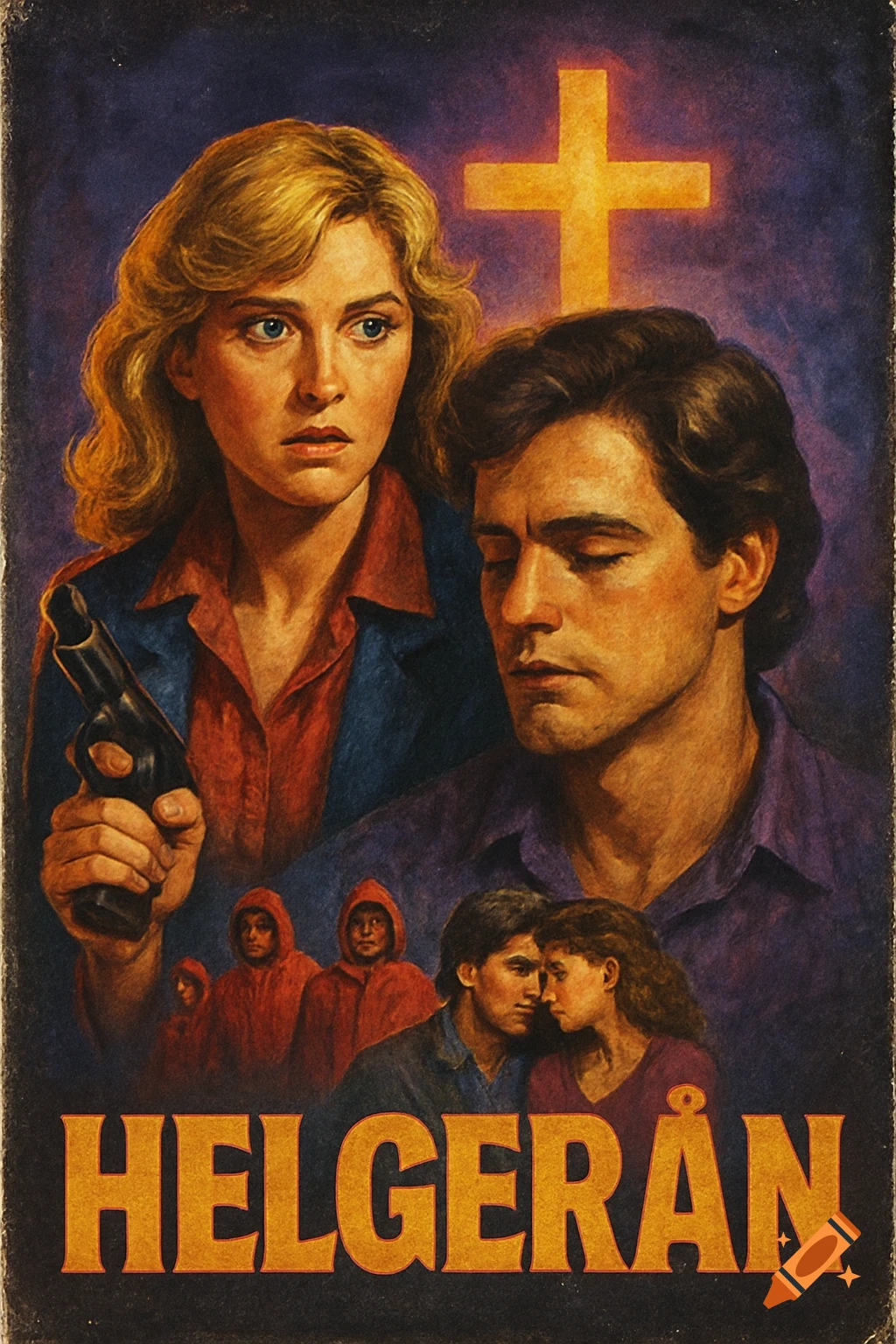 An 80s style movie poster with a woman holding a gun looking fearful, a man with closed eyes, and a glowing cross. Figures in red hoods and a couple embracing are in the background. The title "HELGERÅN" is at the bottom.