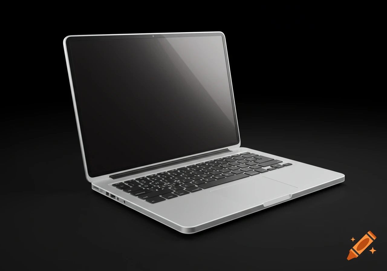 Silver and black laptop with a blank screen on a dark background in a photorealistic style.
