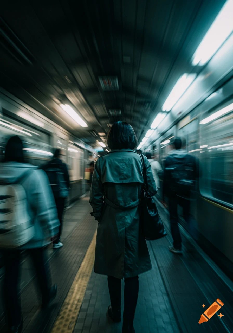 Person in trench coat walks on a blurry subway platform with motion trails and cool blue-green tones.