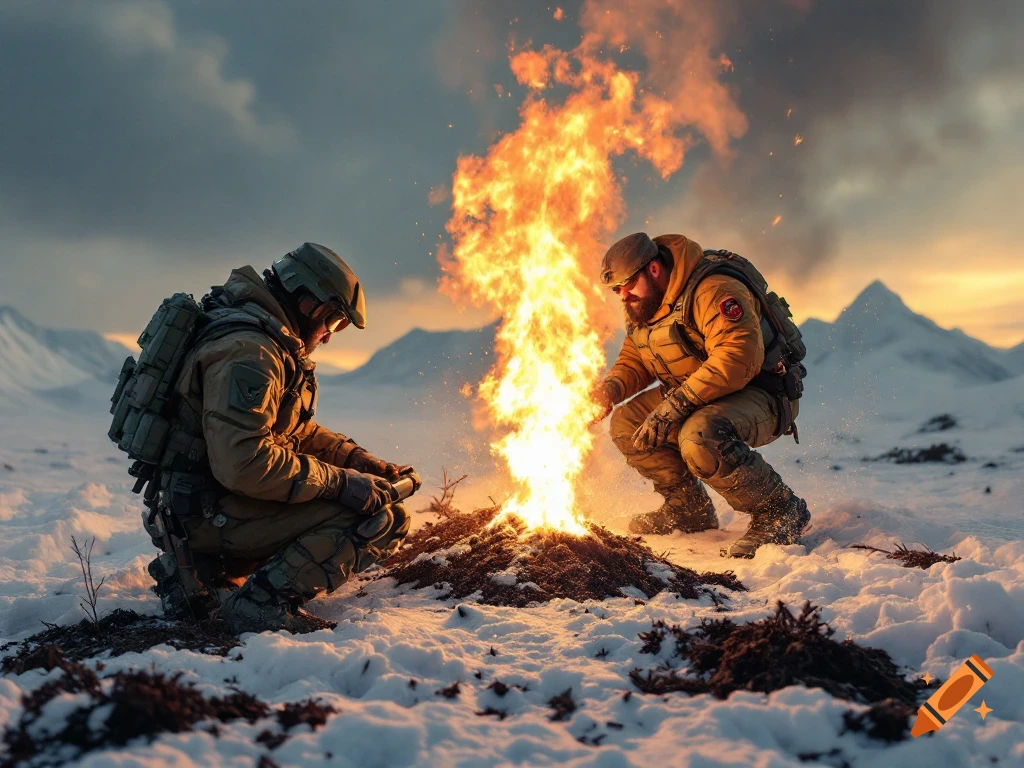 Two soldiers crouch by a large fire in a snowy, mountainous arctic landscape at sunset.