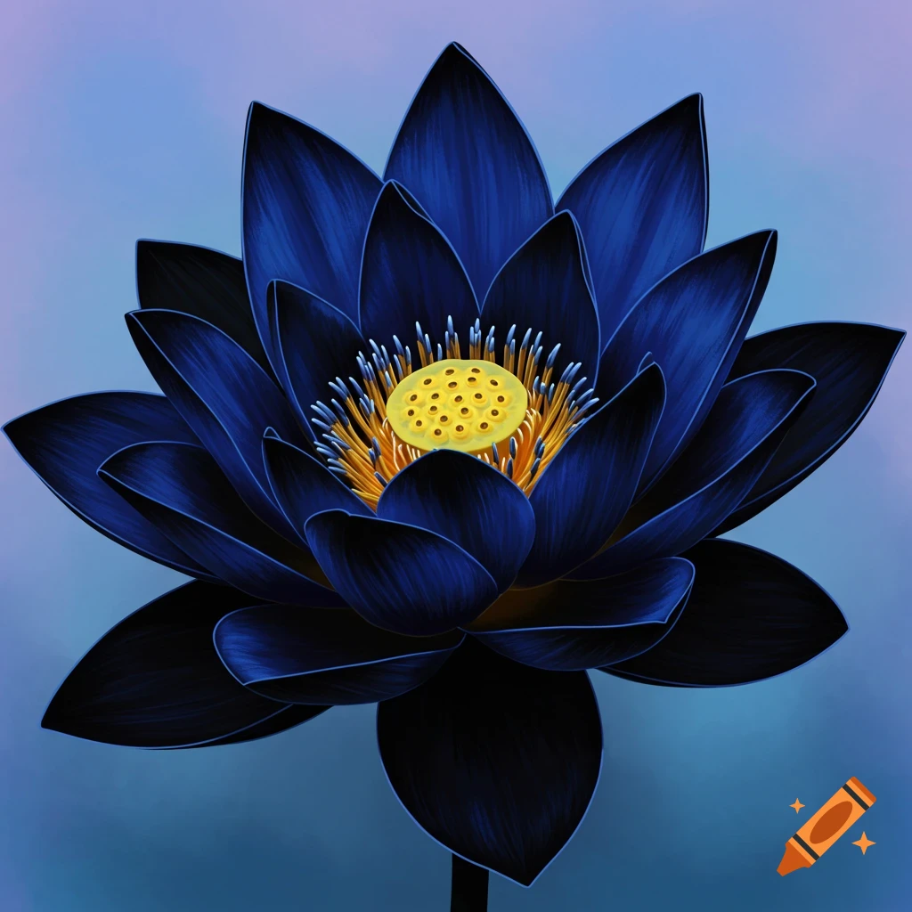A vibrant blue and black lotus flower with a yellow center, set against a soft blue background.