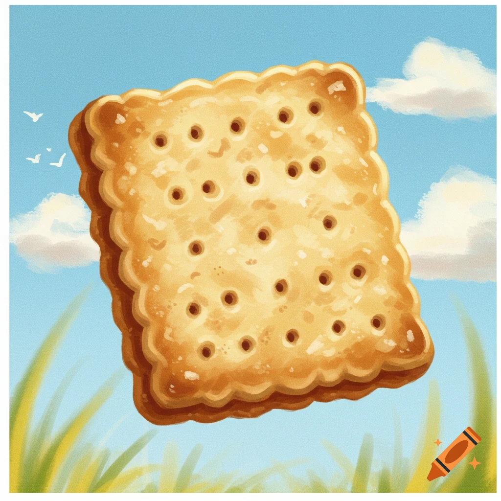 An illustrated square biscuit with holes floating in a blue sky above green grass.