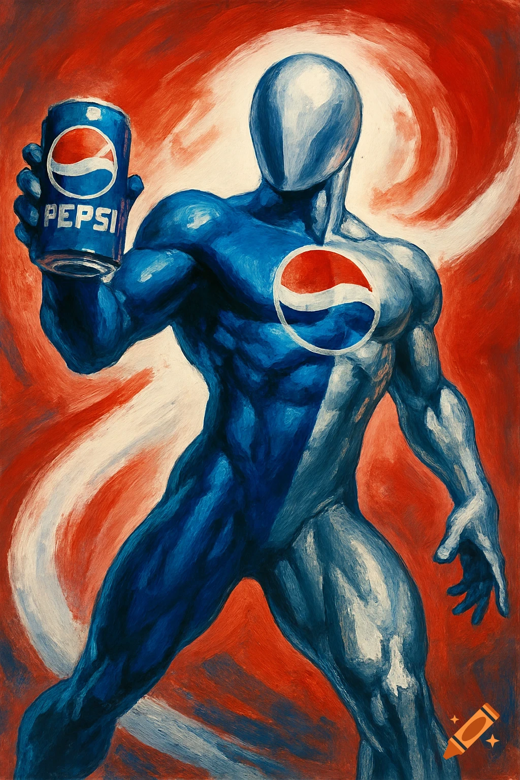 Stylized muscular figure, half blue, half white, holding a Pepsi can against a red and white swirling background in a painterly style.