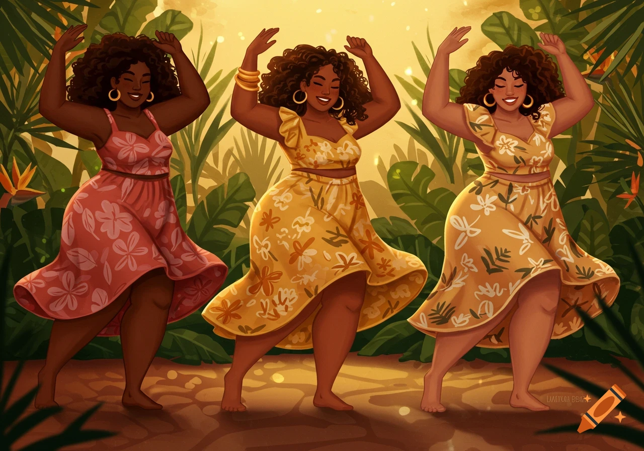 Three smiling curvy women with curly hair dance joyfully in a vibrant, lush tropical jungle at sunset, in an illustration.
