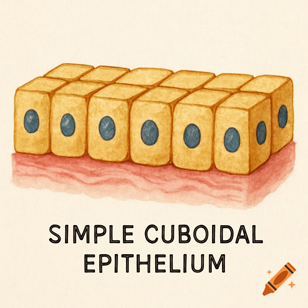 A watercolor illustration of simple cuboidal epithelium cells.